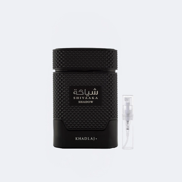 Black perfume bottle with SHIYAAKA Shadow and KHADLAJ branding on a white background