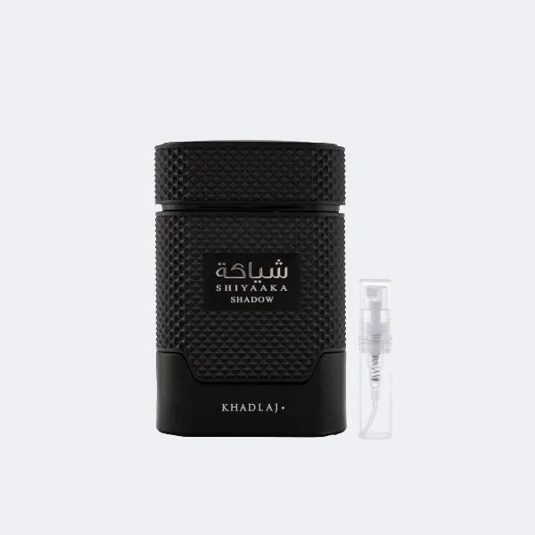 Black perfume bottle with SHIYAAKA Shadow and KHADLAJ branding on a white background