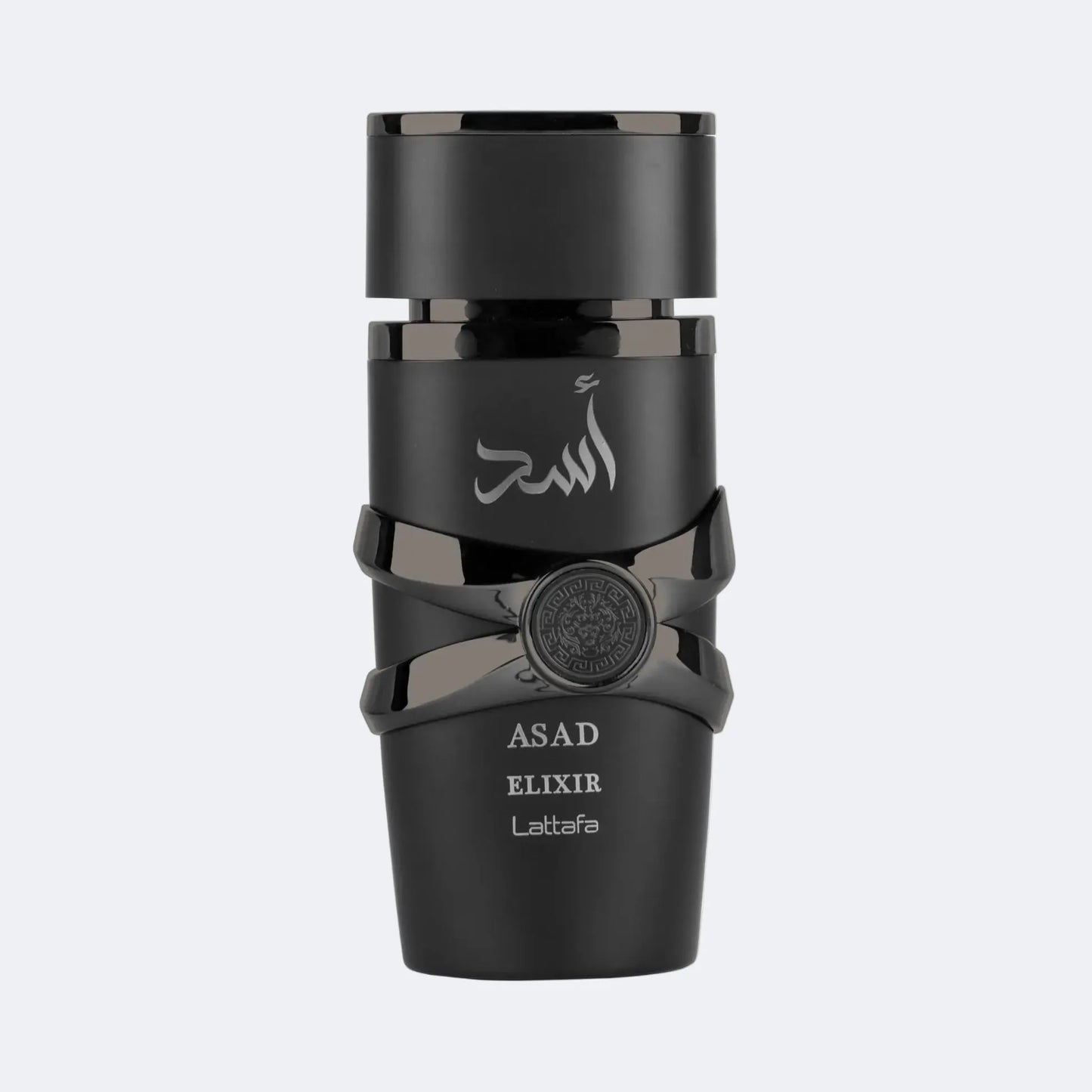 Black container with 'ASAD ELIXIR' branding on a light gray background
