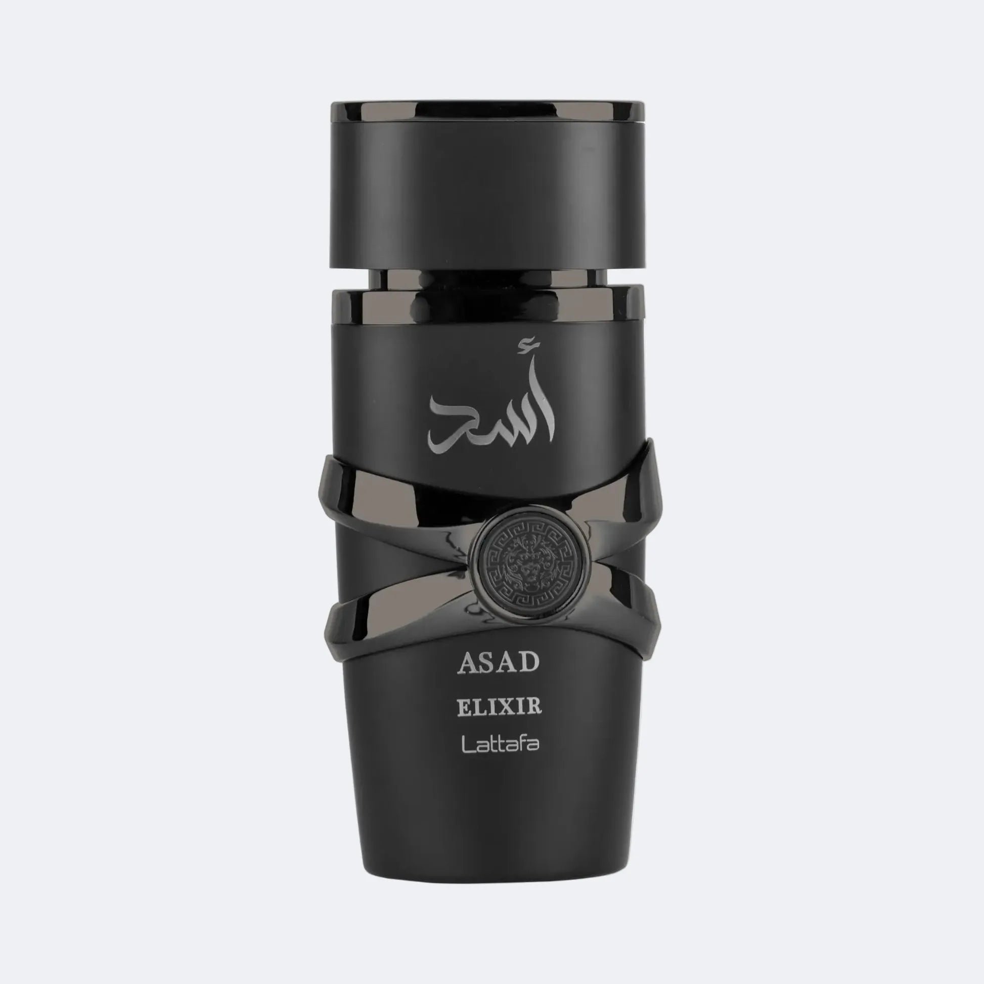 Black container with 'ASAD ELIXIR' branding on a light gray background