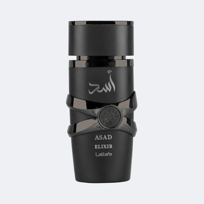 Black container with 'ASAD ELIXIR' branding on a light gray background