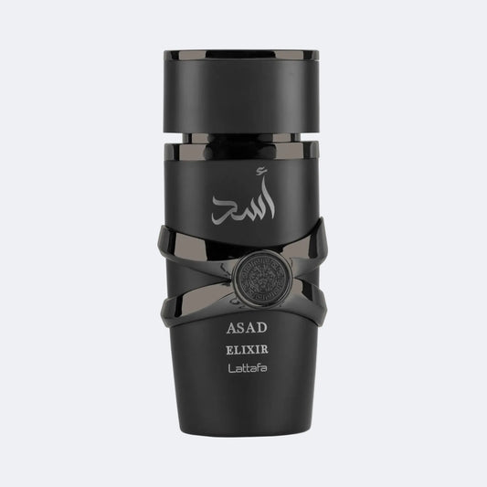 Black container with 'ASAD ELIXIR' branding on a light gray background