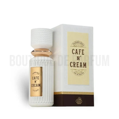 Perfume bottle and packaging labeled 'Cafe N' Cream' on a white background