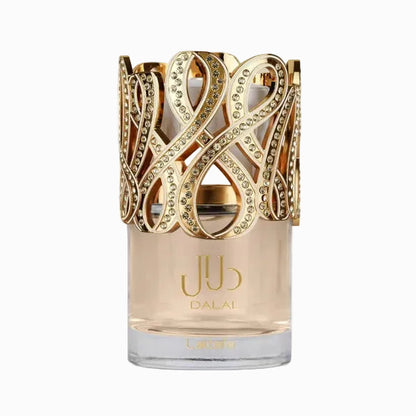 Perfume bottle with intricate gold design on a white background