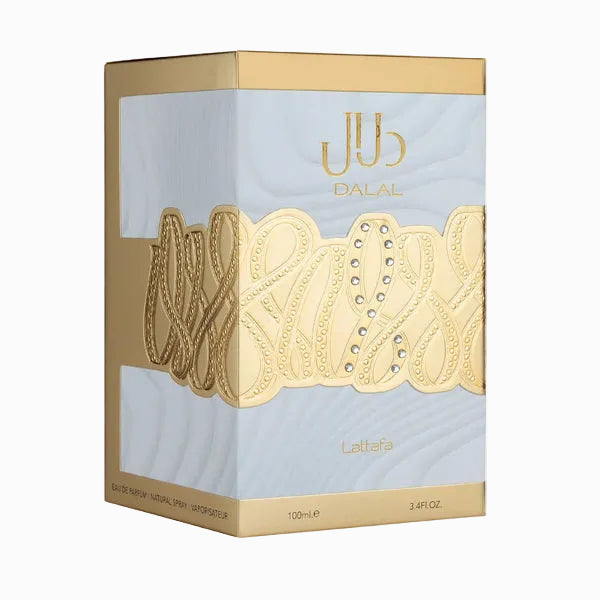 Perfume box with gold design and 'lattafa' branding on a white background