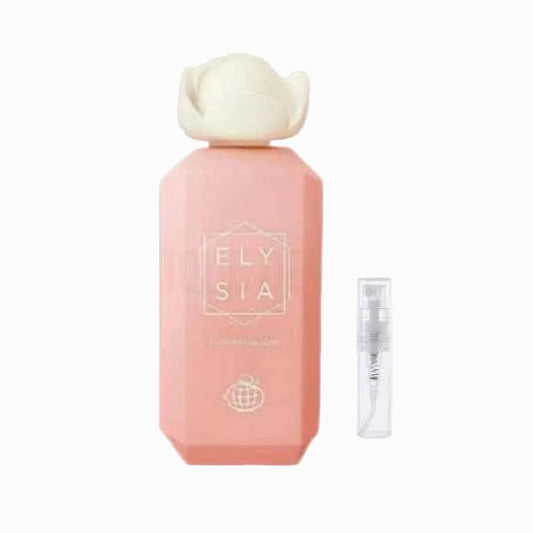 Pink Elysia perfume bottle with a white cap on a light gray background