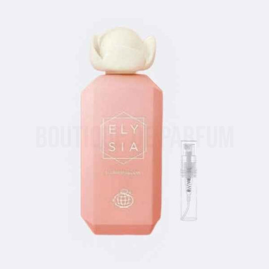 Pink Elysia perfume bottle with a white cap on a light gray background