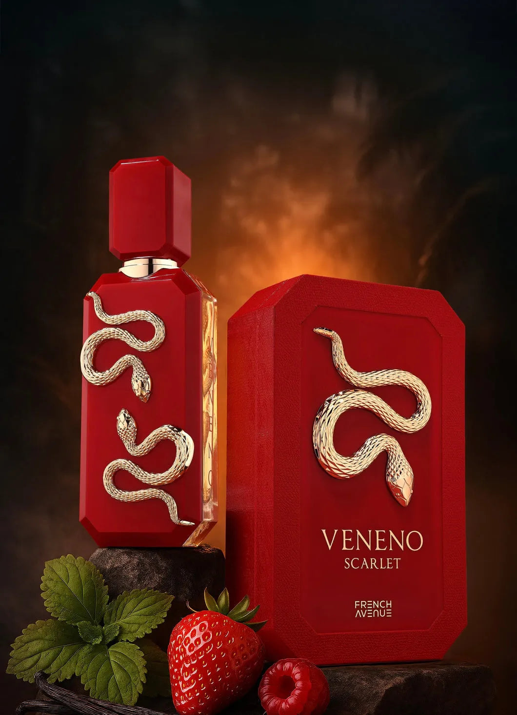 Red Veneno Scarlet perfume bottle and packaging with snake design on a dark background