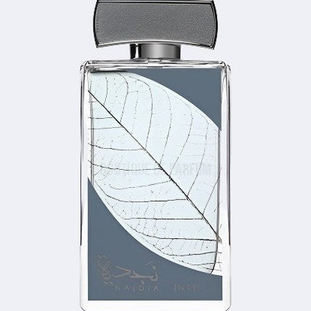 Perfume bottle with a leaf design on a white background
