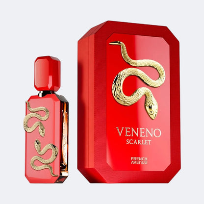 Red 'Veneno Scarlet' perfume bottle and packaging with gold snake design on a white background