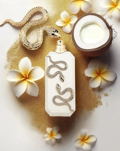 Cosmetic bottle with snake design surrounded by flowers and a coconut on a textured surface